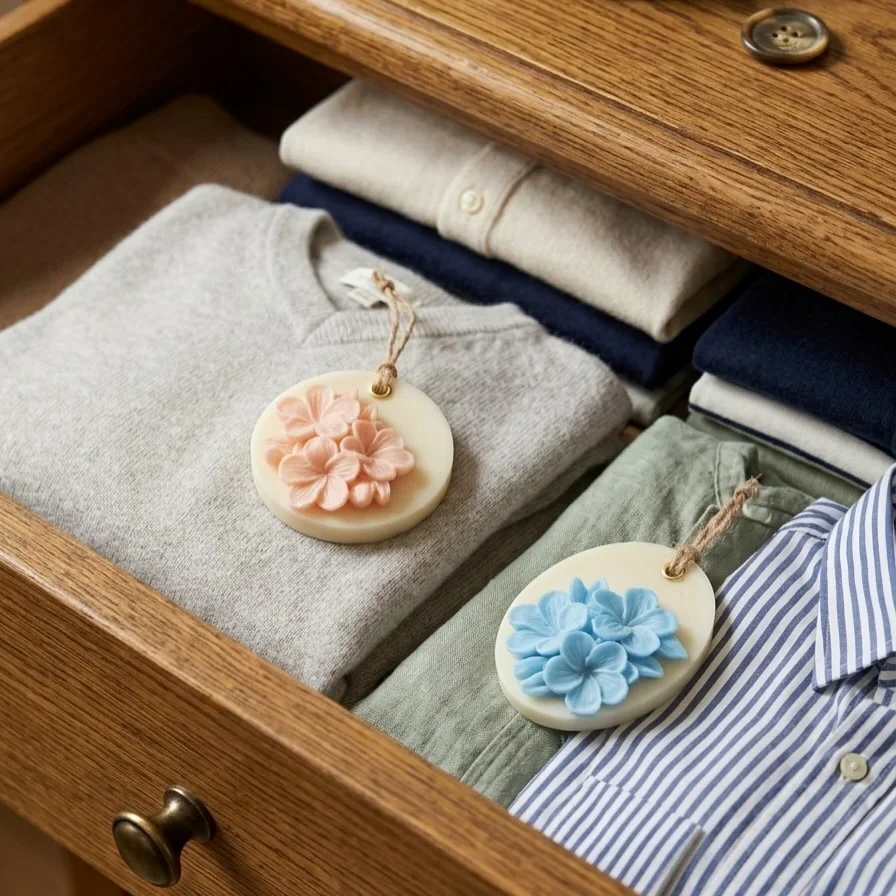 Wax tablets con flores entre la ropa doblada de un cajón